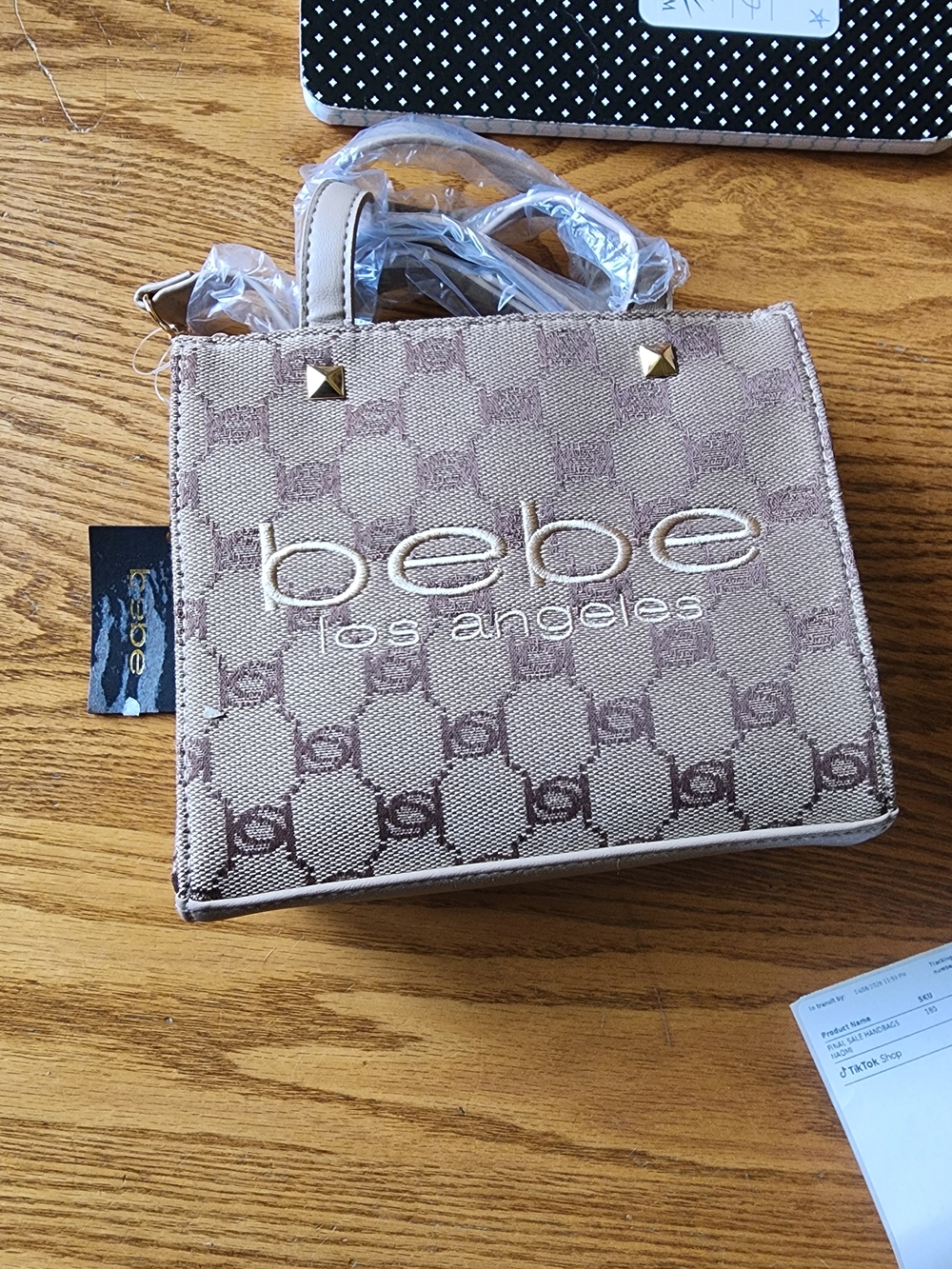 NWT Bebe Los Angeles Small Beige Logo Tote Bag